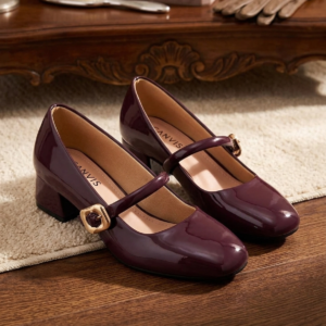 Shoetopia Pumps for Women – Low Block Heel Dress Shoes with Gold Buckle Strap